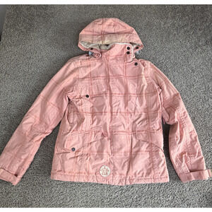 Burton Helsinki Jacket Womens M Pink Plaid Nylon Taffeta Hooded Faux Fur Lined